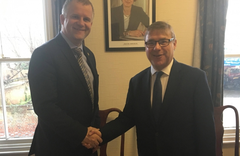 Mark Francois pictured with ARU Vice Chancellor Ian Martin after his briefing on plans by ARU to establish a new medical school in Essex by 2019.