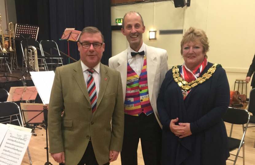 Rayleigh and Wickford MP Mark Francois pictured with Councillor Christine Callis, Chairman of Rayleigh Town Council, and Malcolm Hiscock, the Conductor of Essex Concert Orchestra at their recent big War Movie Themes concert held at the Mill Hall in Rayleigh.