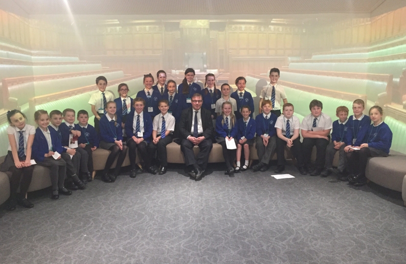 Mark Francois MP pictured with a group of students from Plumberow Primary Academy in the recently opened Parliamentary Education Centre.