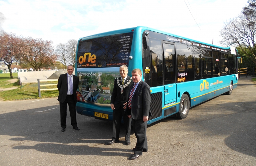 Mark Francois MP pictured with Rayleigh Town Council Councillor Ian Ward alongside a new Arriva Bus named "Pride of Rayleigh" in 2014.