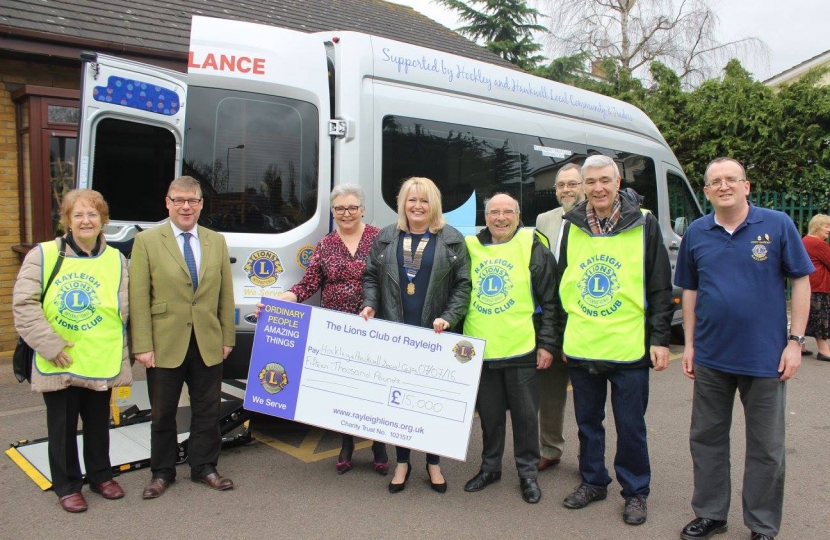 Rayleigh and Wickford MP Mark Francois pictured congratulating the Rayleigh Lions Club on raising £15,000 towards a new minibus for the Hockley and Hawkwell Over 55s Day Centre.