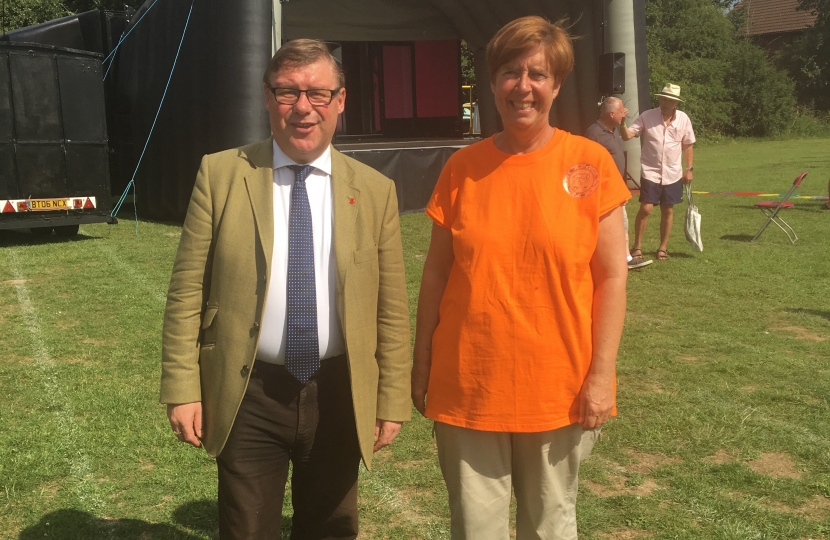 Rayleigh and Wickford MP Mark Francois pictured alongside Headteacher Lyn Corderoy during a break at the recent Grange Primary School Arts Festival 2017.