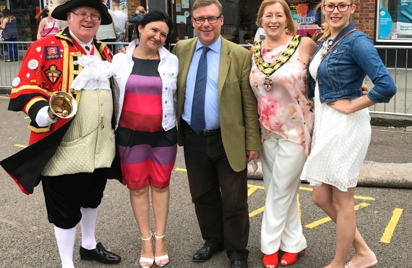 : Rayleigh and Wickford MP Mark Francois pictured alongside Councillor Carol Pavelin, the new Chairman of Rayleigh Town Council at the Trinity Fair.