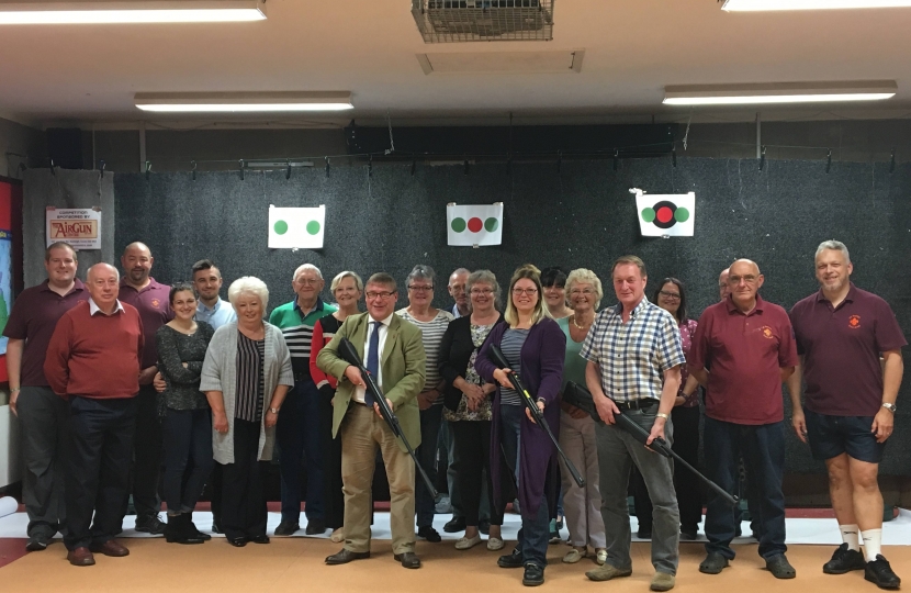 Mark Francois MP pictured with fellow contestants who took part in the Chairman of Rochford District Council’s charity shooting match, organised by the First Rayleigh Scouts.