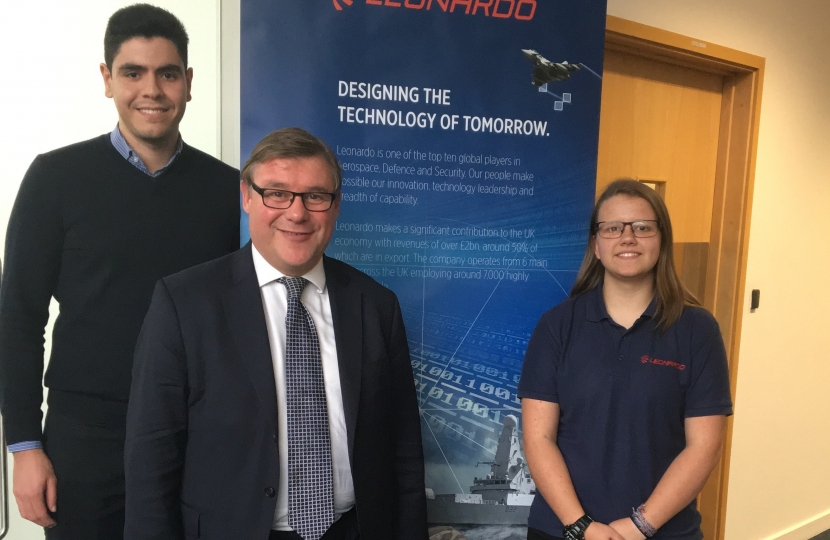 Rayleigh and Wickford MP Mark Francois pictured with young apprentices during his recent visit to Leonardo UK’s plant at Christopher Martin Road in Basildon.