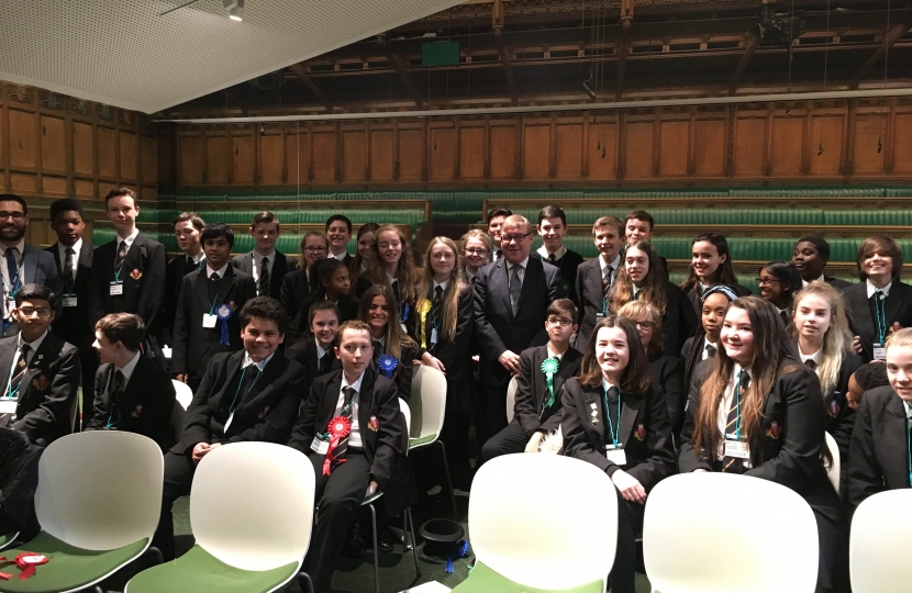Rayleigh and Wickford MP Mark Francois pictured with a group of year 7 and 8 students from Beauchamps High School on their visit to the Houses of Parliament.