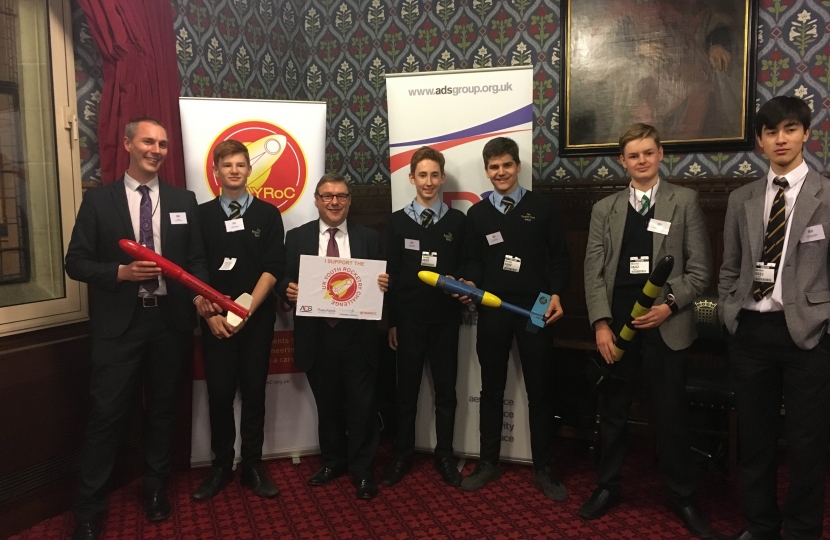 Mark Francois MP pictured with members of the Sweyne Park School team who are the National Champions in the UK Rocketry Challenge.