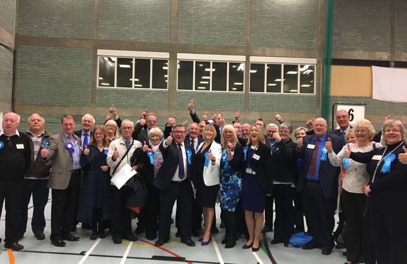 Mark Francois MP and local Tories celebrate a near clean sweep in the elections to Rochford District Council. 