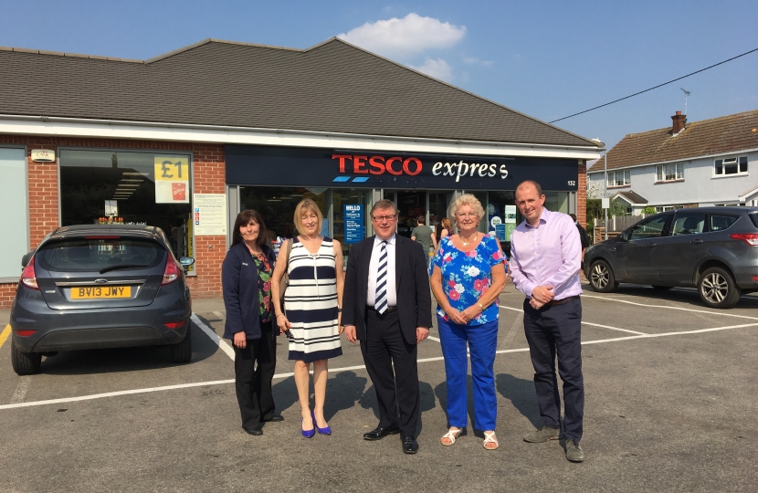 Mark Francois with local Councillors Carol Pavelin and Margaret Spencer and Tesco Express Manager Mary at the newly expanded customer car park in London Road Rayleigh.