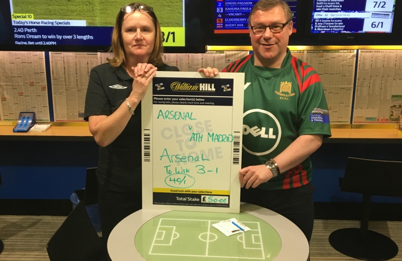 Mark Francois, wearing his House of Lords and Commons rugby shirt, as part of the William Hill Bobby Moore memorial campaign to raise money for Beating Bowel Cancer.