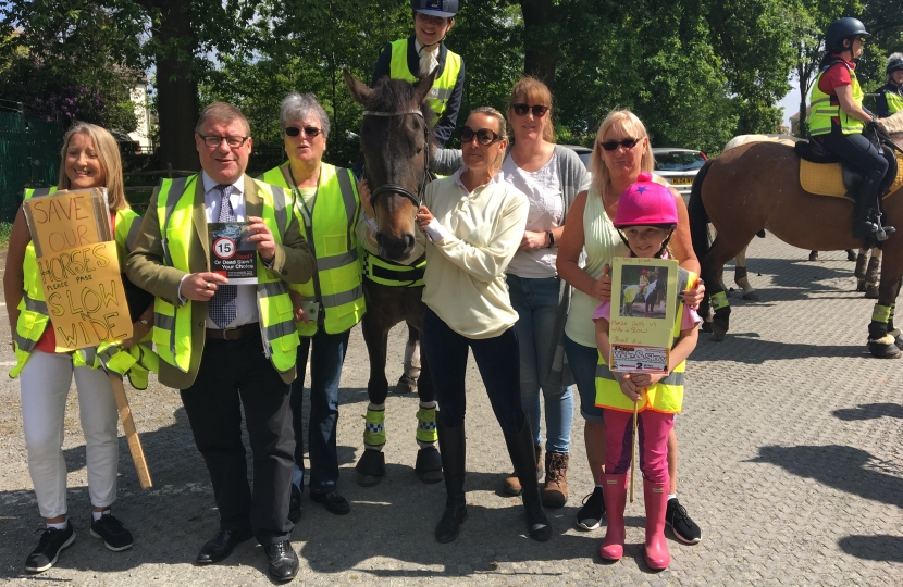 Rayleigh and Wickford MP Mark Francois pictured with members of the Canewdon Equestrians and local Councillors Julie Gooding, Laureen Shaw and Carole Western during their recent safety awareness ride at Hockley Woods.