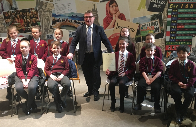 Rayleigh and Wickford MP Mark Francois pictured with the School Council from Holt Farm Junior School, during their recent visit to Westminster.