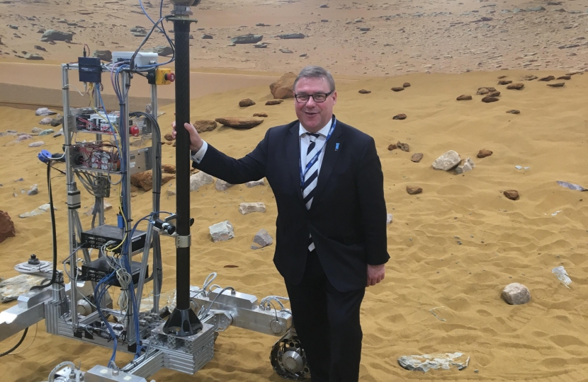 Mark Francois MP pictured with the prototype Mars Rover on a simulated Martian landscape, in preparation for the mission to Mars in 2020.