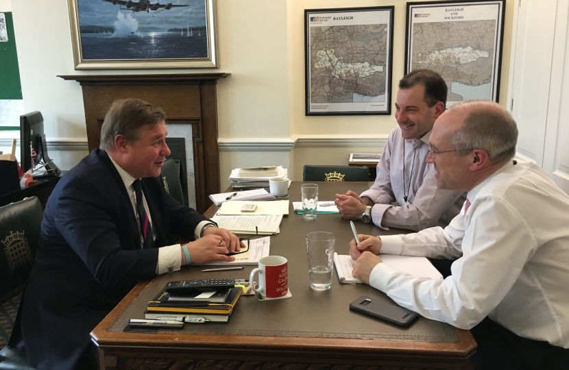 Mark Francois MP pictured earlier this year meeting Jamie Burles and Jonathan Denby where he called for a discount on season tickets for long suffering commuters on Abellio Greater Anglia.