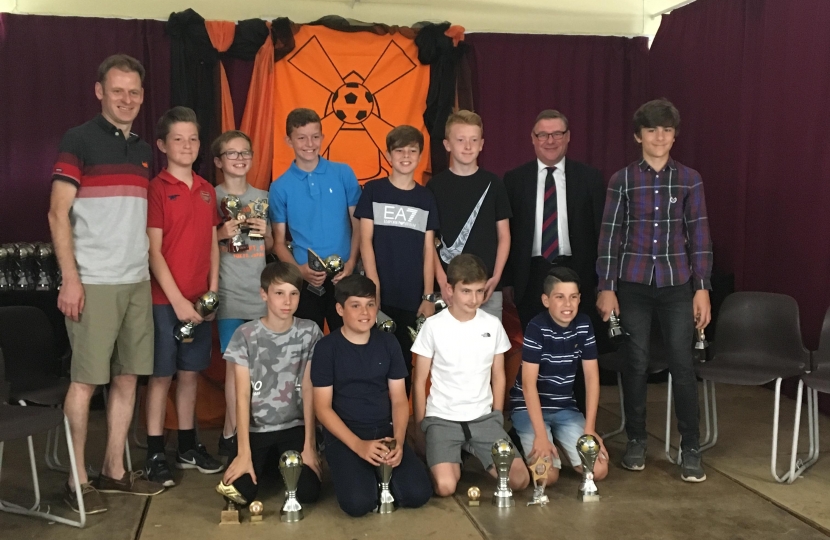Rayleigh and Wickford MP Mark Francois pictured with members of Rayleigh FC’s Youth Teams at their recent awards ceremony at the Pope John Paul II centre in Rayleigh.