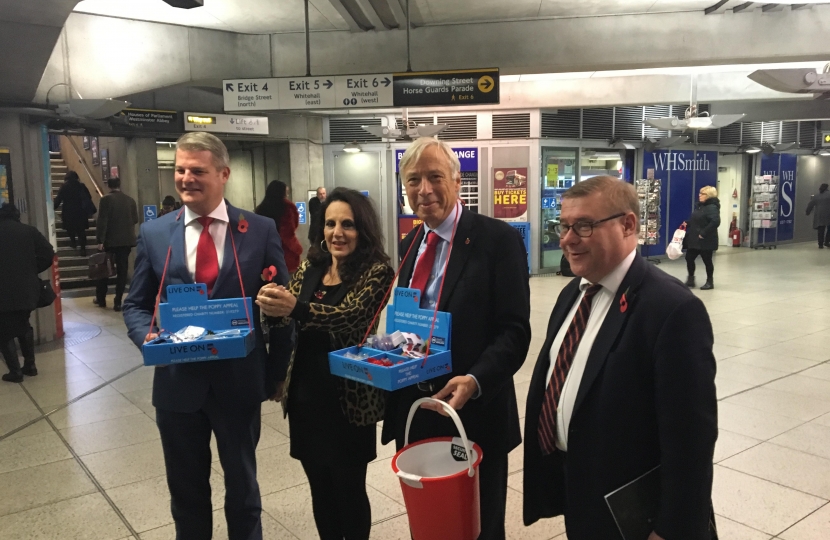 Rayleigh and Wickford MP Mark Francois pictured alongside Birds of a Feather Actress Lesley Joseph and Defence Ministers Stuart Andrew MP and Earl Howe raising money on London Poppy Day.