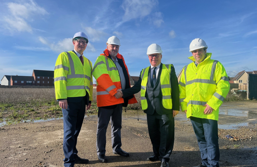Councillor Andrew Sheldon and Councillor Tony Ball, Essex County Council, Mark Francois MP and William Wood, Associate Director of Planning, Vistry Major Projects, at the new proposed site for the new SEND school.