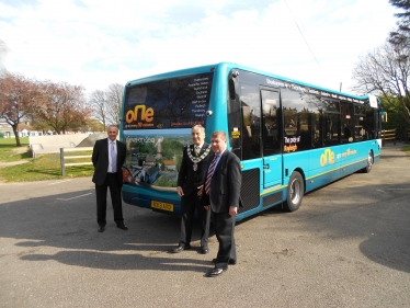 Mark Francois MP pictured with Rayleigh Town Council Councillor Ian Ward alongside a new Arriva Bus named "Pride of Rayleigh" in 2014.