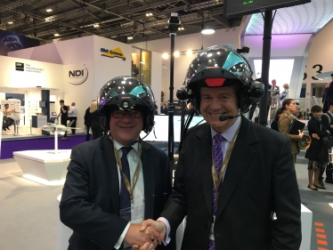 Rayleigh and Wickford MP Mark Francois pictured trying out the new Striker II pilot’s helmet alongside HCDC Chairman Dr Julian Lewis MP.