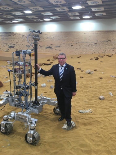 Mark Francois MP pictured with the prototype Mars Rover on a simulated Martian landscape, in preparation for the mission to Mars in 2020.